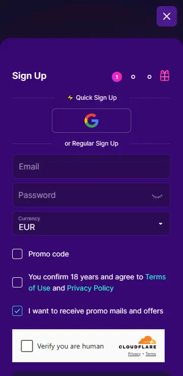 Registration form on a casino website